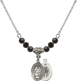 18" Rhodium Plated Necklace with 4mm Jet Crystal Beads featuring a Sterling Silver Miraculous Medal.