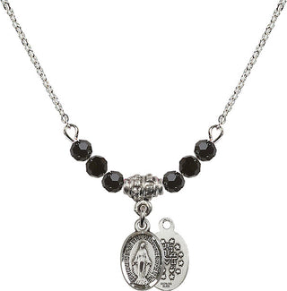 18" Rhodium Plated Necklace with 4mm Jet Crystal Beads featuring a Sterling Silver Miraculous Medal.