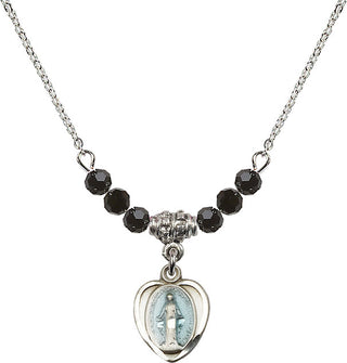 18" Rhodium Plated Necklace with 4mm Jet Crystal Beads featuring a Sterling Silver Miraculous Medal.