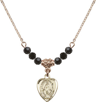 18" Hamilton Gold Plated Necklace with 4mm Jet Crystal Beads featuring a 14kt Gold Filled Miraculous Medal.