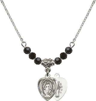 18" Rhodium Plated Necklace with 4mm Jet Crystal Beads featuring a Sterling Silver Miraculous Medal.