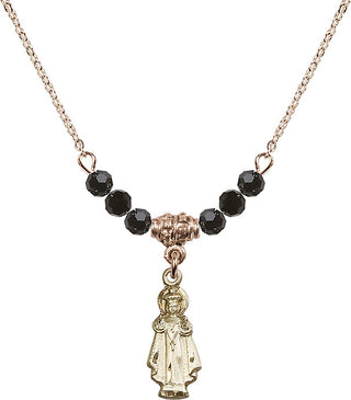 18" Hamilton Gold Plated Necklace with 4mm Jet Crystal Beads featuring a 14kt Gold Filled Infant of Prague Medal.