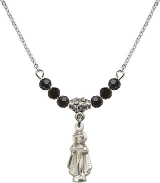 18" Rhodium Plated Necklace with 4mm Jet Crystal Beads featuring a Sterling Silver Infant of Prague Medal.