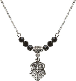 18" Rhodium Plated Necklace with 4mm Jet Crystal Beads featuring a Sterling Silver Seven Gifts Medal.