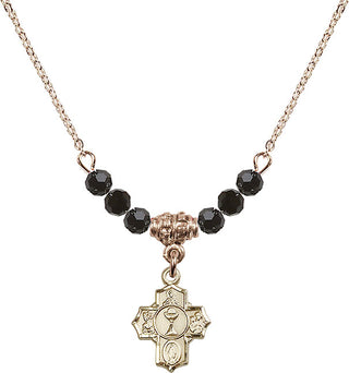 18" Hamilton Gold Plated Necklace with 4mm Jet Crystal Beads featuring a 14kt Gold Filled Communion 5-Way Medal.