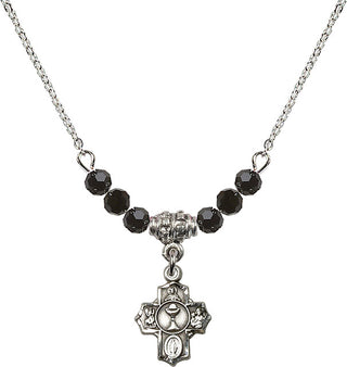 18" Rhodium Plated Necklace with 4mm Jet Crystal Beads featuring a Sterling Silver Communion 5-Way Medal.