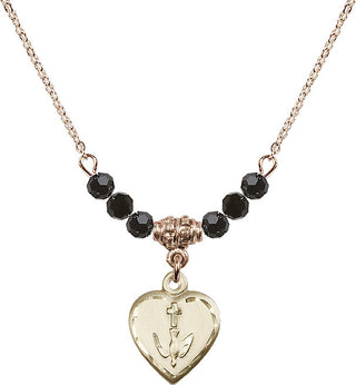 18" Hamilton Gold Plated Necklace with 4mm Jet Crystal Beads featuring a 14kt Gold Filled Heart / Confirmation Medal.