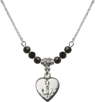 18" Rhodium Plated Necklace with 4mm Jet Crystal Beads featuring a Sterling Silver Heart / Confirmation Medal.