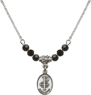 18" Rhodium Plated Necklace with 4mm Jet Crystal Beads featuring a Sterling Silver Matrimony Medal.