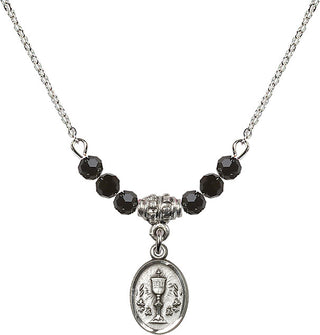 18" Rhodium Plated Necklace with 4mm Jet Crystal Beads featuring a Sterling Silver Chalice Medal.