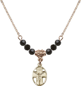 18" Hamilton Gold Plated Necklace with 4mm Jet Crystal Beads featuring a 14kt Gold Filled Crucifix Medal.