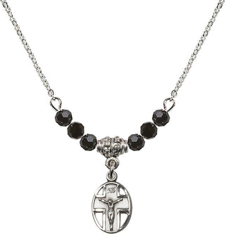 18" Rhodium Plated Necklace with 4mm Jet Crystal Beads featuring a Sterling Silver Crucifix Medal.