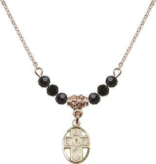 18" Hamilton Gold Plated Necklace with 4mm Jet Crystal Beads featuring a 14kt Gold Filled 5-Way / Chalice Medal.