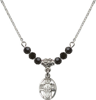 18" Rhodium Plated Necklace with 4mm Jet Crystal Beads featuring a Sterling Silver 5-Way / Chalice Medal.