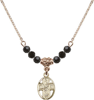 18" Hamilton Gold Plated Necklace with 4mm Jet Crystal Beads featuring a 14kt Gold Filled 5-Way Medal.