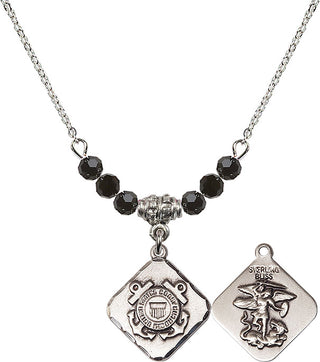 18" Rhodium Plated Necklace with 4mm Jet Crystal Beads featuring a Sterling Silver Coast Guard Diamond Medal.