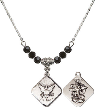 18" Rhodium Plated Necklace with 4mm Jet Crystal Beads featuring a Sterling Silver Navy Diamond Medal.