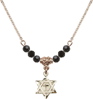 18" Hamilton Gold Plated Necklace with 4mm Jet Crystal Beads featuring a 14kt Gold Filled Star of David with Cross Medal.