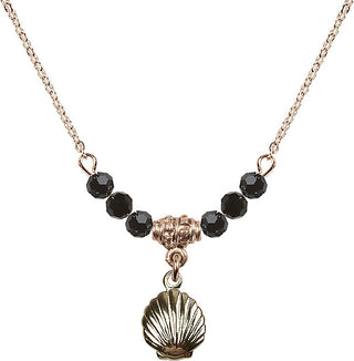 18" Hamilton Gold Plated Necklace with 4mm Jet Crystal Beads featuring a 14kt Gold Filled Shell Medal.