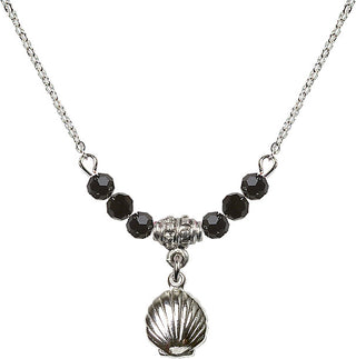18" Rhodium Plated Necklace with 4mm Jet Crystal Beads featuring a Sterling Silver Shell Medal.