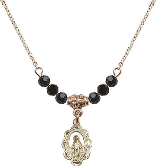18" Hamilton Gold Plated Necklace with 4mm Jet Crystal Beads featuring a 14kt Gold Filled Miraculous Medal.