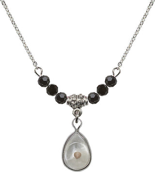 18" Rhodium Plated Necklace with 4mm Jet Crystal Beads featuring a Sterling Silver Mustard Seed Medal.