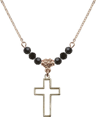 18" Hamilton Gold Plated Necklace with 4mm Jet Crystal Beads featuring a 14kt Gold Filled Cross Medal.
