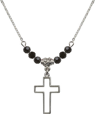 18" Rhodium Plated Necklace with 4mm Jet Crystal Beads featuring a Sterling Silver Cross Medal.
