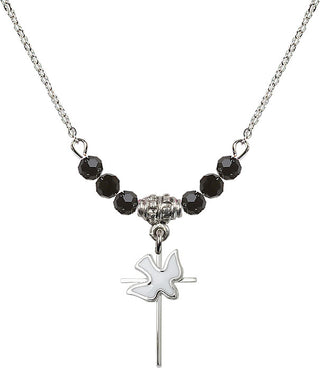 18" Rhodium Plated Necklace with 4mm Jet Crystal Beads featuring a Sterling Silver Cross / Holy Spirit Medal.