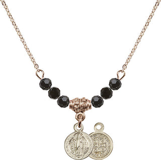 18" Hamilton Gold Plated Necklace with 4mm Jet Crystal Beads featuring a 14kt Gold Filled Saint Benedict Medal.