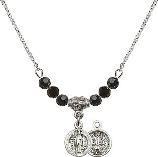 18" Rhodium Plated Necklace with 4mm Jet Crystal Beads featuring a Sterling Silver Saint Benedict Medal.