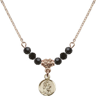 18" Hamilton Gold Plated Necklace with 4mm Jet Crystal Beads featuring a 14kt Gold Filled Saint Christopher Medal.