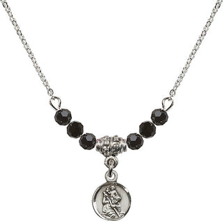 18" Rhodium Plated Necklace with 4mm Jet Crystal Beads featuring a Sterling Silver Saint Christopher Medal.