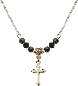 18" Hamilton Gold Plated Necklace with 4mm Jet Crystal Beads featuring a 14kt Gold Filled Cross Medal.