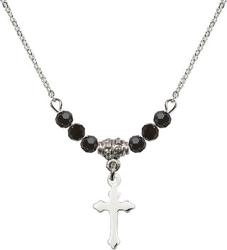 18" Rhodium Plated Necklace with 4mm Jet Crystal Beads featuring a Sterling Silver Cross Medal.