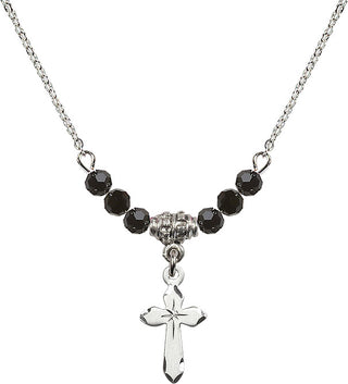 18" Rhodium Plated Necklace with 4mm Jet Crystal Beads featuring a Sterling Silver Cross Medal.