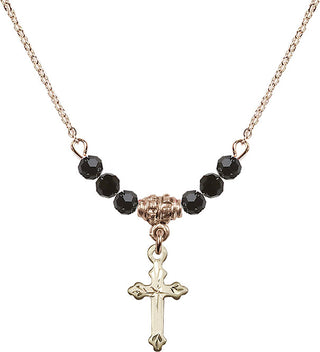 18" Hamilton Gold Plated Necklace with 4mm Jet Crystal Beads featuring a 14kt Gold Filled Cross Medal.