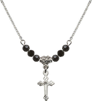 18" Rhodium Plated Necklace with 4mm Jet Crystal Beads featuring a Sterling Silver Cross Medal.