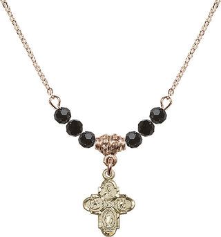 18" Hamilton Gold Plated Necklace with 4mm Jet Crystal Beads featuring a 14kt Gold Filled 4-Way Medal.