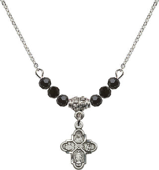 18" Rhodium Plated Necklace with 4mm Jet Crystal Beads featuring a Sterling Silver 4-Way Medal.