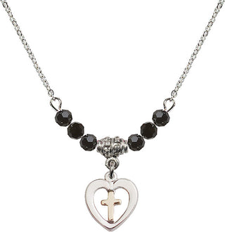 18" Rhodium Plated Necklace with 4mm Jet Crystal Beads featuring a Gold Filled / Sterling Silver Heart / Cross Medal.