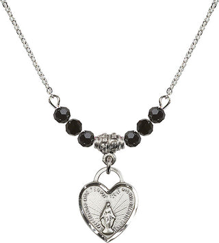 18" Rhodium Plated Necklace with 4mm Jet Crystal Beads featuring a Sterling Silver Miraculous Heart Medal. Engraved Catholic Saint Jewelry
