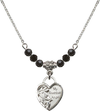 18" Rhodium Plated Necklace with 4mm Jet Crystal Beads featuring a Sterling Silver Guardian Angel Heart Medal. Engraved Catholic Saint Jewelry
