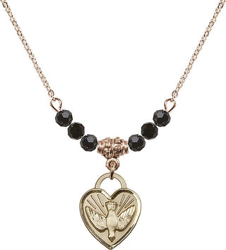 18" Hamilton Gold Plated Necklace with 4mm Jet Crystal Beads featuring a 14kt Gold Filled Confirmation Heart Medal. Engraved Catholic Saint Jewelry