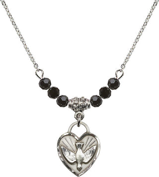 18" Rhodium Plated Necklace with 4mm Jet Crystal Beads featuring a Sterling Silver Confirmation Heart Medal. Engraved Catholic Saint Jewelry