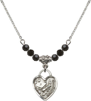 18" Rhodium Plated Necklace with 4mm Jet Crystal Beads featuring a Sterling Silver Graduation Heart Medal. Engraved Catholic Saint Jewelry