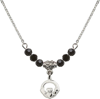 18" Rhodium Plated Necklace with 4mm Jet Crystal Beads featuring a Sterling Silver Claddagh Medal.