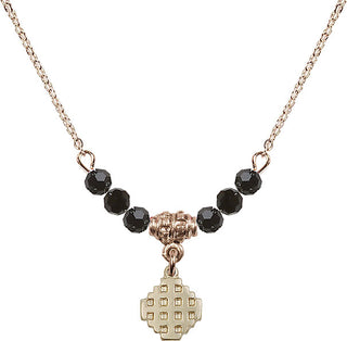 18" Hamilton Gold Plated Necklace with 4mm Jet Crystal Beads featuring a 14kt Gold Filled Jerusalem Cross Medal.