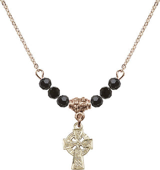 18" Hamilton Gold Plated Necklace with 4mm Jet Crystal Beads featuring a 14kt Gold Filled Celtic Cross Medal.