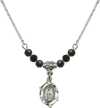 18" Rhodium Plated Necklace with 4mm Jet Crystal Beads featuring a Sterling Silver Miraculous Medal.